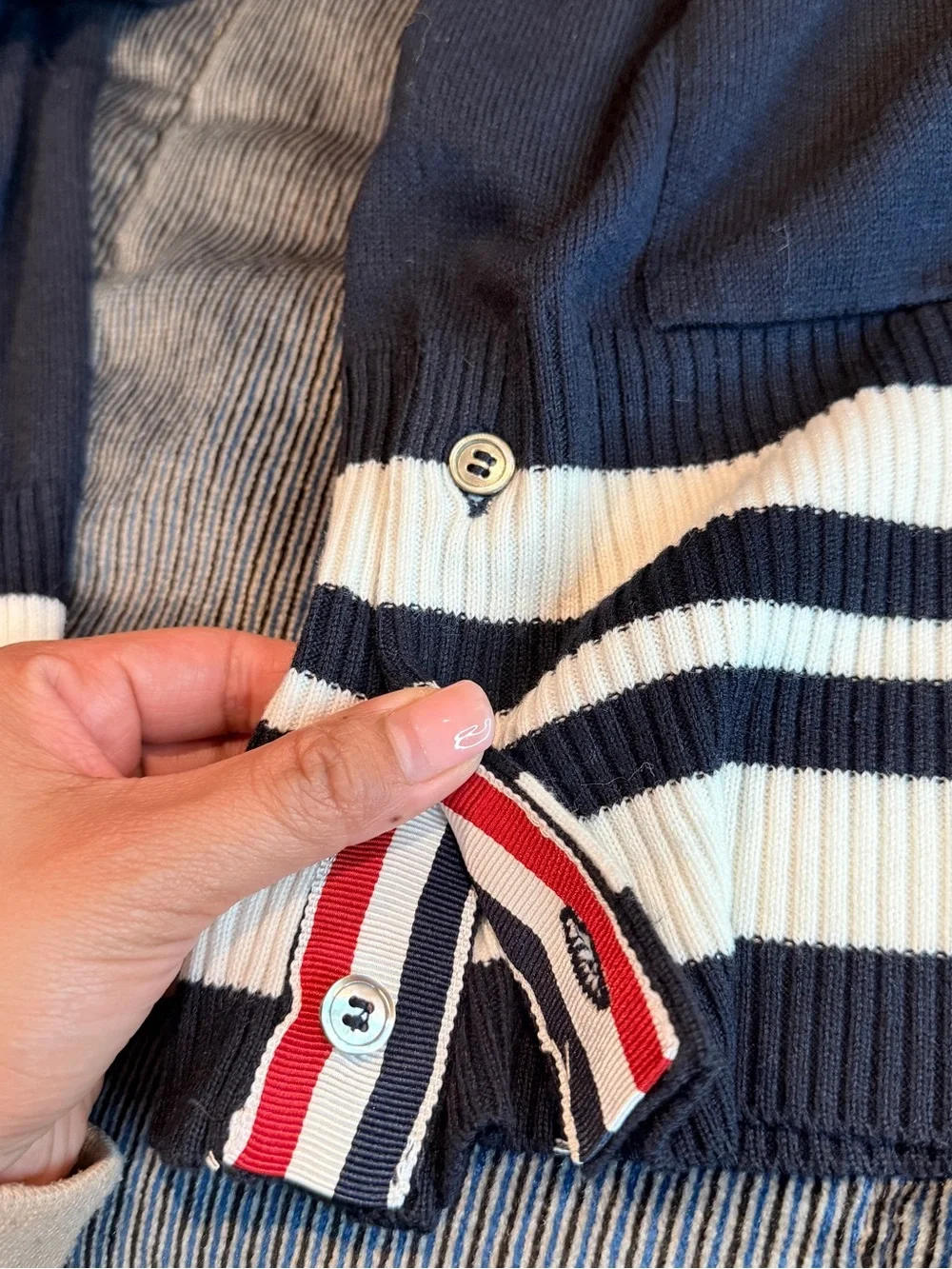 Authentic Thom Browne Navy Wool Cardigan Sweater Stripe Trim Made in Scotland SM